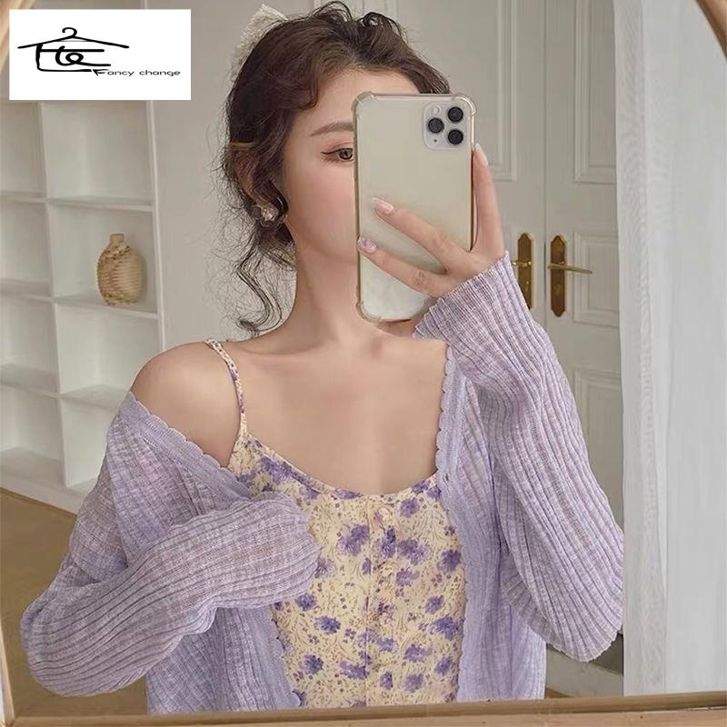 Áo Khoác Cardigan Tay Dài Cổ Chữ V Chất Lụa Mát Mẻ Thời Trang Mùa Hè Cho Nữ