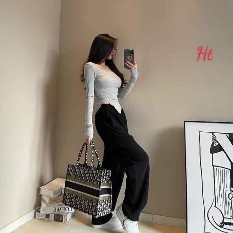 Áo thun xẻ tà vạt chéo dài tay H2A966