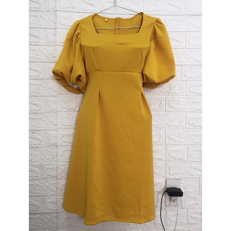 Đầm vàng xòe tay bồng cổ U size 50-65kg💕hàng y hình + video💕 | BigBuy360 - bigbuy360.vn