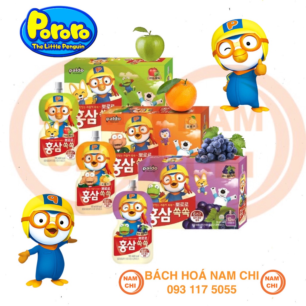 [HỘP 10 TÚI] Hồng Sâm Pororo Nhập Khẩu Hàn Quốc 100ml 3 Vị Cam - Táo - Việt Quất