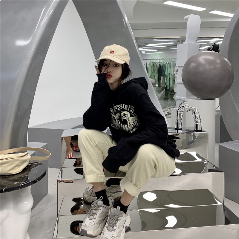 Áo Hoodie Form Rộng Họa Tiết In Theo Phong Cách Preppy Dễ Phối Đồ