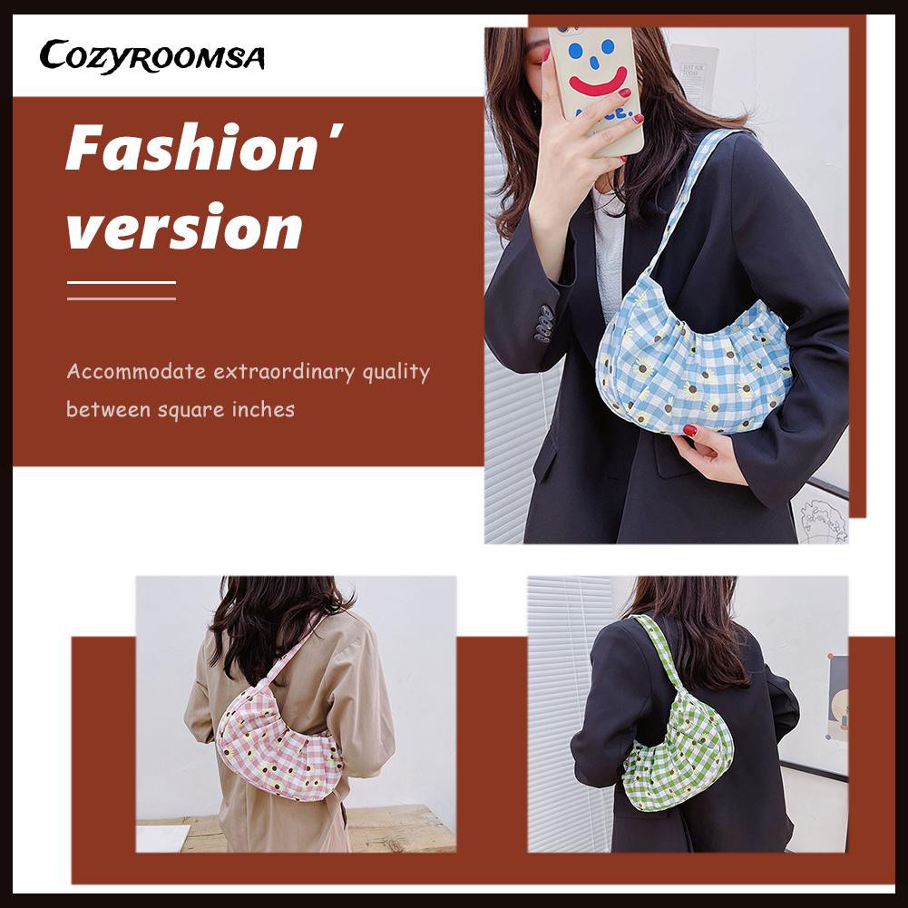 Fashion Women Plaid Daisy Print Canvas Underarm Hobos Bag Pleated Handbags