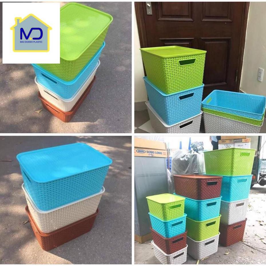 (hot) (Combo 2 giỏ) nhựa đan giả mây đựng đồ kiểu Hàn Quốc có nắp size đại hãng Việt Nhật - Thùng nhựa đan nhiều màu