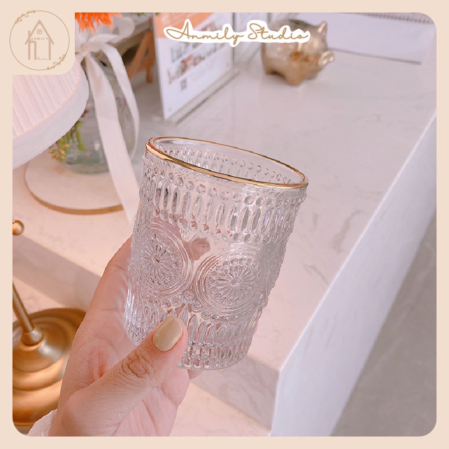 Ly thủy tinh hoa văn trong suốt ANMILY cao cấp phong cách blogger Hàn Quốc Ins, cốc thuỷ tinh chịu nhiệt decor trang trí