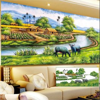 Tranh đính đá làng quê yên bình tuyệt đẹp kt 120×60cm