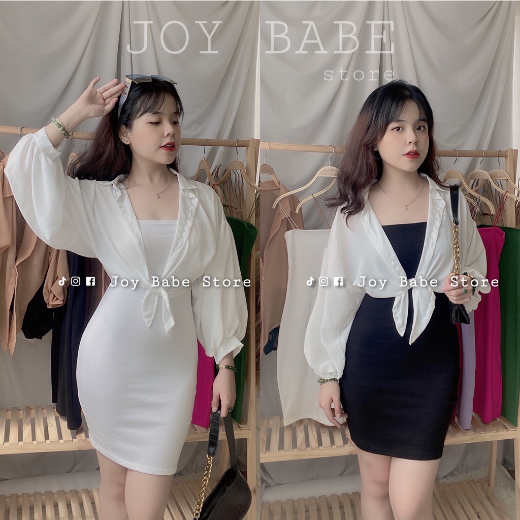 Đầm body nữ hai dây sexy JOY BABE 🌺 mix áo khoác sơ mi mong manh, thun ôm đẹp hack dáng, đầm thời trang sọc DAM 5