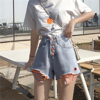 Quần jeans nữ ngắn lưng cao nhiều nút 1 hàng chân ống rộng lồi túi trong ulzzang ( 2 màu ) có big siz