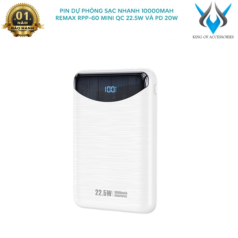 Pin dự phòng sạc nhanh Remax RPP-60 Ritry II Series 10000mAh siêu nhỏ gọn - hỗ trợ QC 22.5W và PD 20W (trắng)