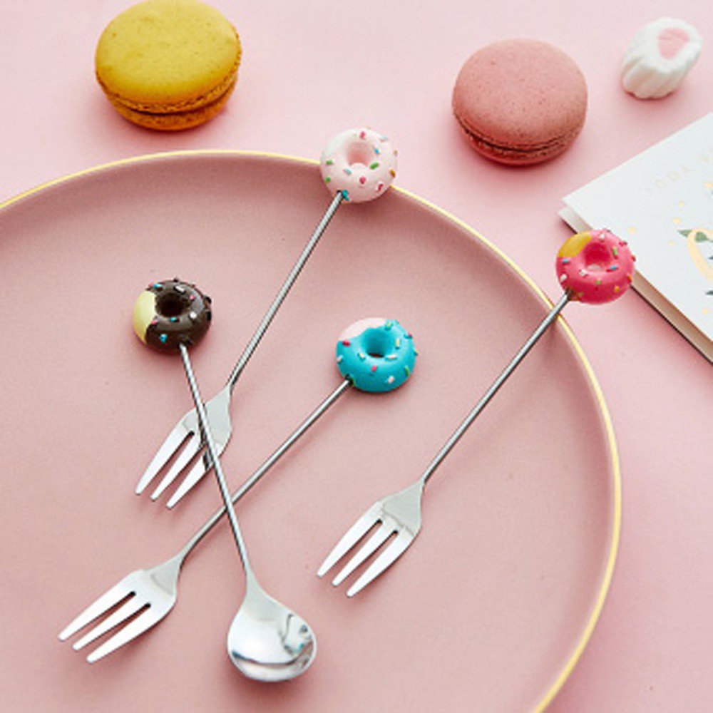 Nĩa / Muỗng cà phê bằng thép không gỉ hình bánh donut xinh xắn tiện lợi
