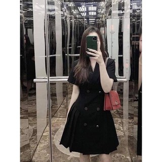 Vaý Đầm cổ Vest đính cúc sang trọng màu đen