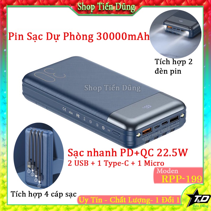 sạc dự phòng Remax RPP 199 Dung Lượng 30000mAh Tích Hợp 4 Loại Cáp USB-Type-C-Micro-Cáp sạc,Đèn Pin