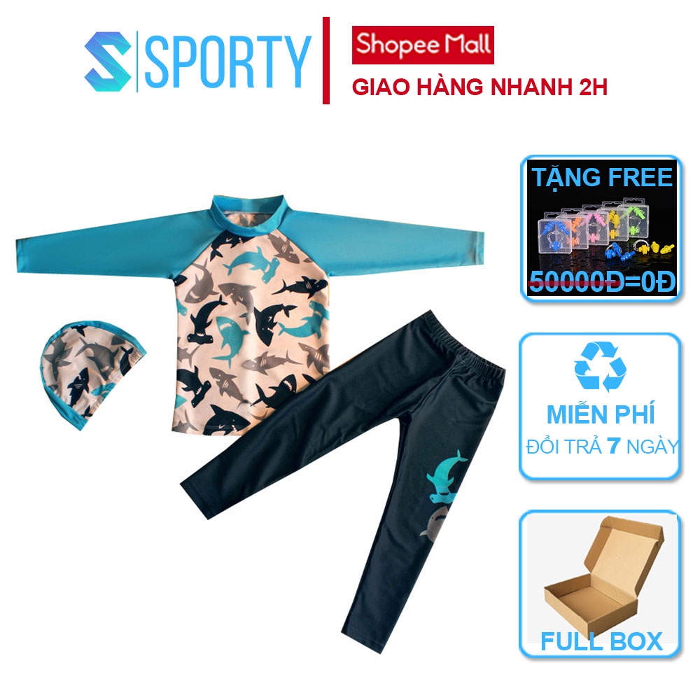 Đồ Bơi Trẻ Em - Áo Bơi Dài Tay Cho Bé Trai Kèm Quần Dài Mẫu Cá Mập Búa SPORTY SW352