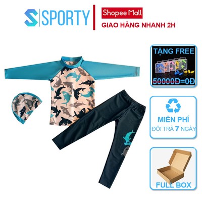 Đồ bơi trẻ em SPORTY SW352, áo bơi dài tay cho bé trai kèm quần dài mẫu cá mập búa