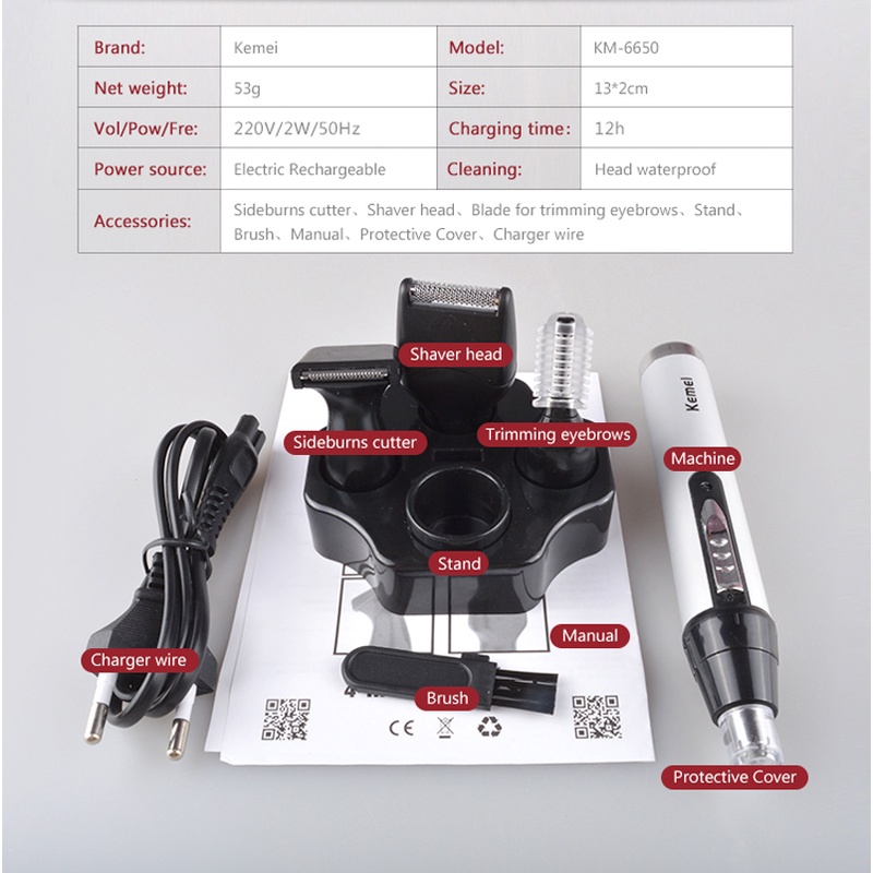 Máy Tỉa Lông Mũi, Râu, Lông Mày 4 Trong 1 Kemei KM 6650