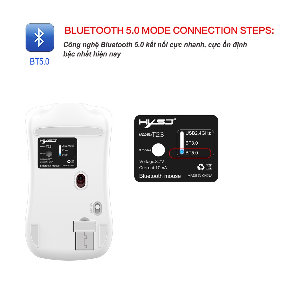 Chuột không dây bluetooth HXSJ T23 5.1 2.4GHz siêu mỏng tự sạc,ko tiếng ồn cho pc laptop, máy tính Bluetooth, tivi