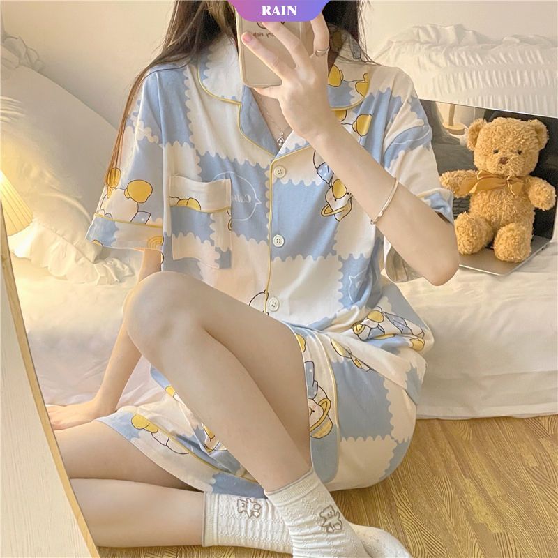 Bộ Đồ Ngủ Ngắn Tay Dáng Rộng In Họa Tiết Vịt Hoạt Hình Phối Nút Đáng Yêu Cho Nữ