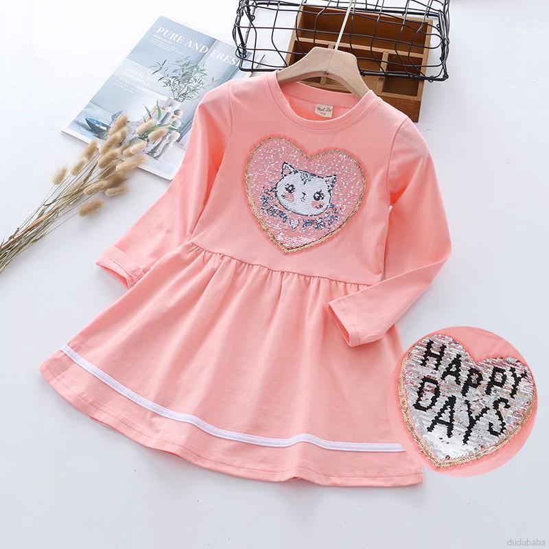 Đầm dài tay họa tiết hoạt hình cho bé gái từ 3 đến 8 tuổi