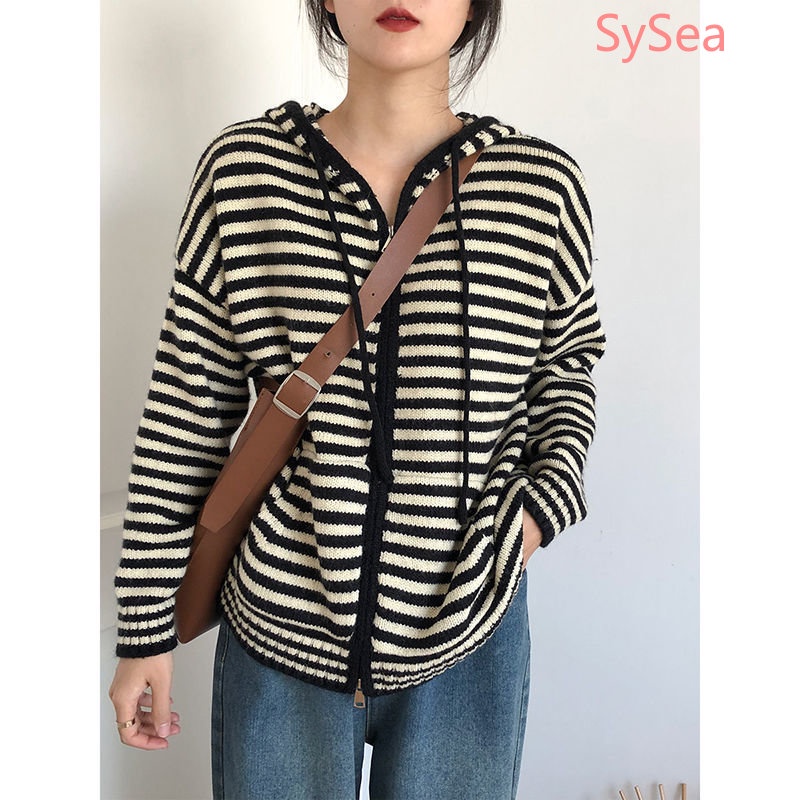 Áo Khoác Sweater Có Mũ Trùm Kẻ Sọc Kiểu Retro Thời Trang Thu Đông Cho Nữ