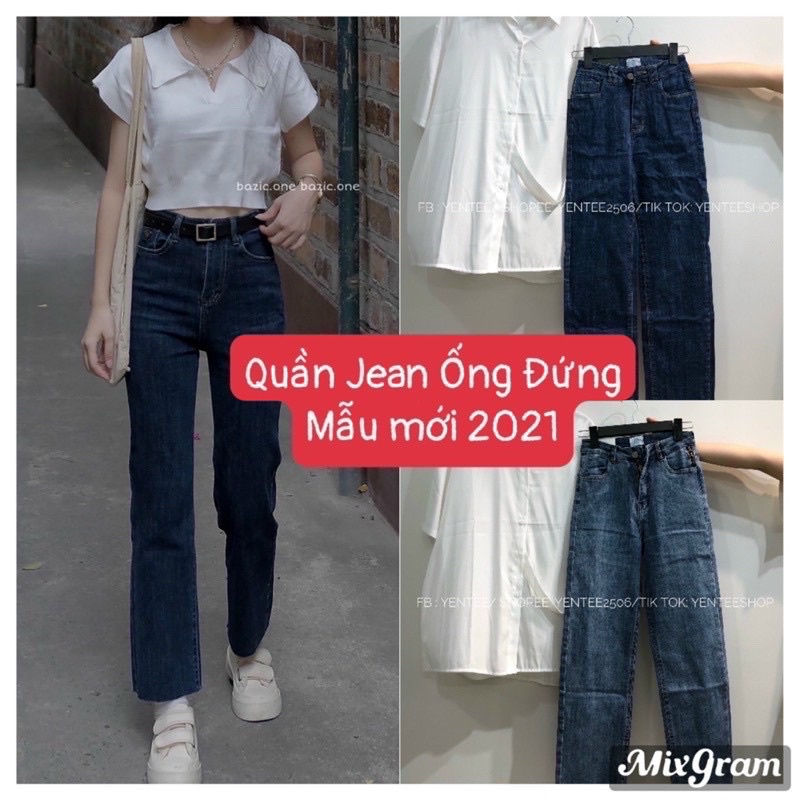 Quần jeans trơn ống đứng dãn xịn lưng cao | BigBuy360 - bigbuy360.vn
