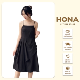 Váy đen 2 dây dáng xòe xếp ly - đầm 2 dây dạo phố cổ vuông dáng xòe 2 lớp hona203