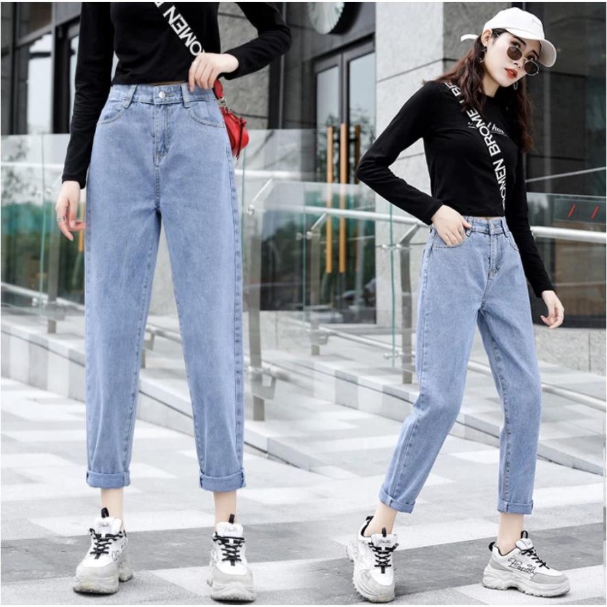 Quần Jeans Nữ Baggy 9 Tấc Hàn Quốc Cao Cấp Bigsize Lửng Trơn Form Ống Rộng Lưng Cao !