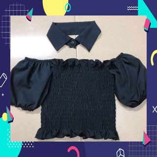 Sale 1125A39B1 Áo trễ vai croptop tay lỡ trơn màu kèm vòng cổ sơ mi sexy Sale