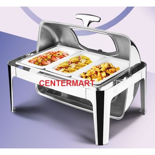 Nồi hâm buffet cao cấp inox dầy - nắp kính đun cồn/ đun điện - chữ nhật - nắp xoay 180 độ - công hâm con heo