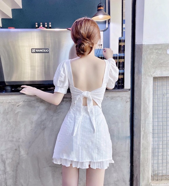 Đầm cổ vuông thắt nơ lưng_JuMe Fashion