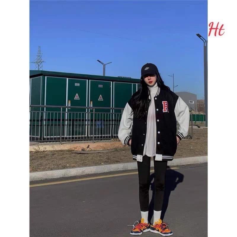 Áo khoác bomber nỉ phối tay chữ R màu đỏ HT12