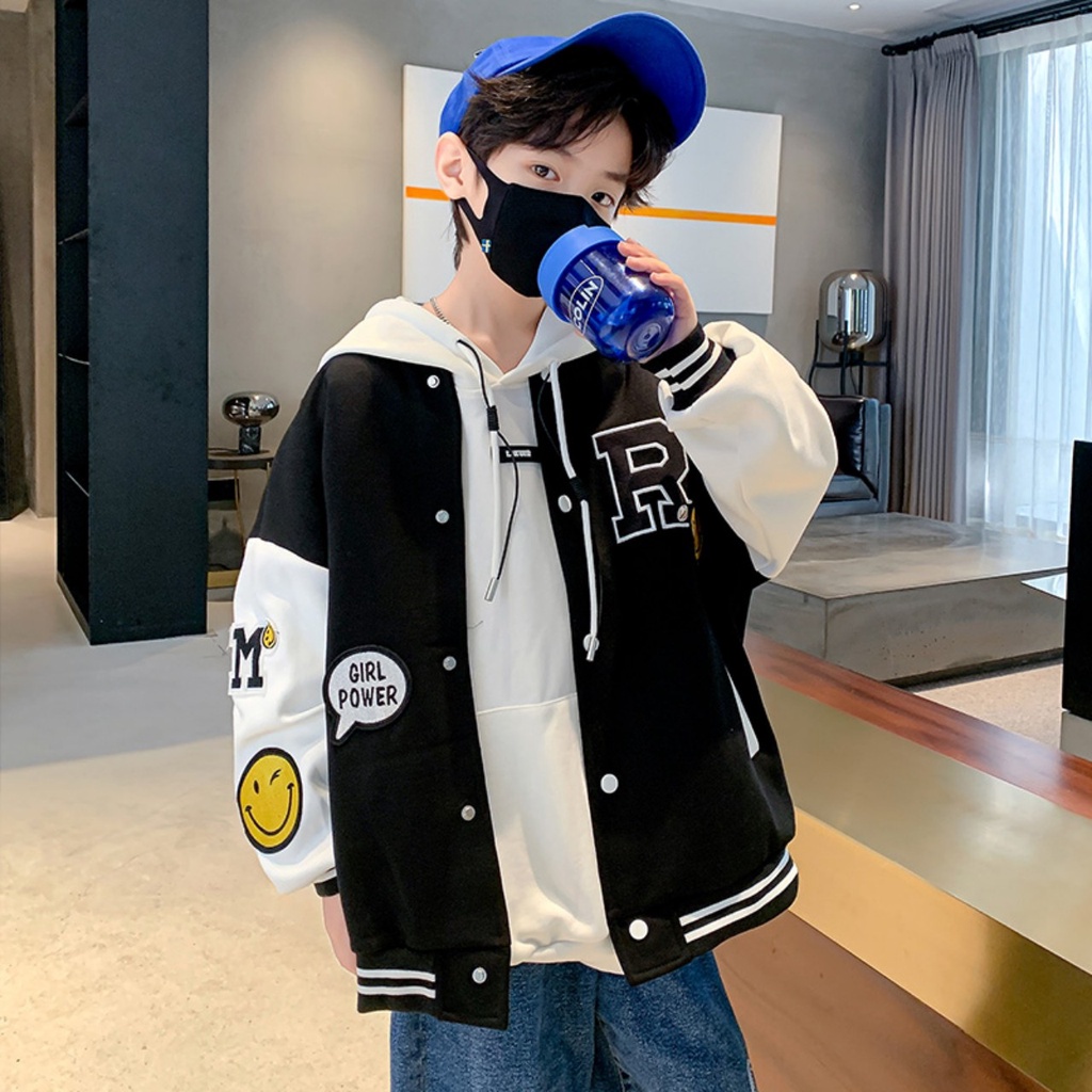 Áo khoác bé trai 14-45kg, áo bomber bé trai 4-15 tuổi mẫu chữ R chất nỉ cao cấp, 2 màu đen và xám.BOMBERR688