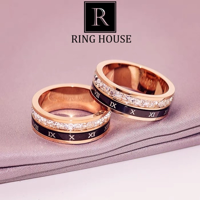 (Titan) R3 Nhẫn Titan Cặp Đôi Nam Nữ Khắc Tên Theo Yêu Cầu Số La Mã Đen Viền Ngọc Đẹp Ring House