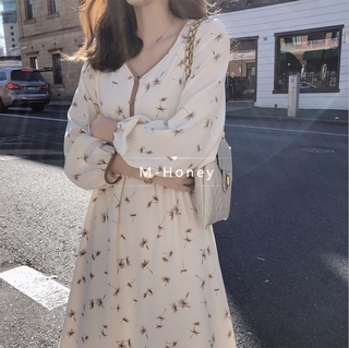 Đầm hoa cổ V tay dài phong cách đường phố Hàn Quốc size M-2XL