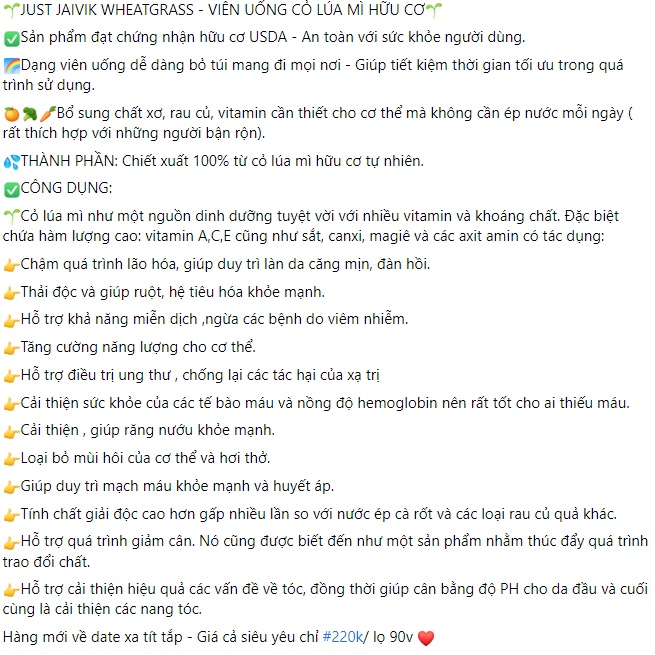 Viên uống hữu cơ Cỏ Lúa Mì Just Jaivik Wheatgrass