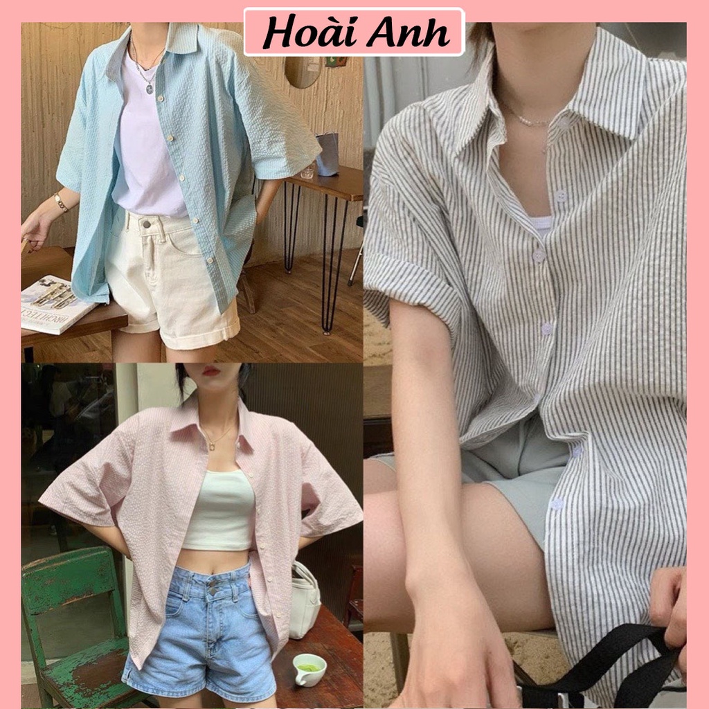Áo Sơ Mi Nữ Ngắn Tay Kẻ Sọc Chất Xốp Sơ Mi Nữ Cộc Tay Freesize Oversize Dáng Rộng