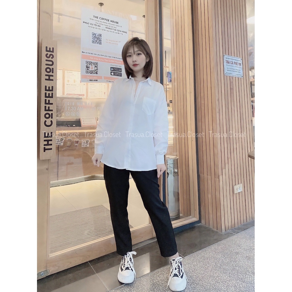 Áo Sơ Mi Nữ form rộng có túi ngực Màu Trắng đẹp dài tay ulzzang vintage hàn quốc cao cấp trơn trasua.closet TSA33