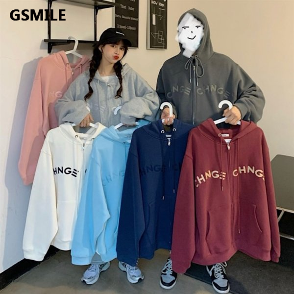 Áo Khoác Hoodie Màu Trơn Có Khóa Kéo In Chữ Phong Cách Hàn Quốc Thời Trang Cho Nữ 5 Màu Lựa Chọn