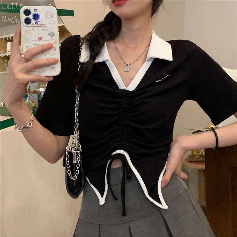 Áo thun polo Yeya phối dây rút cá tính cho nữ