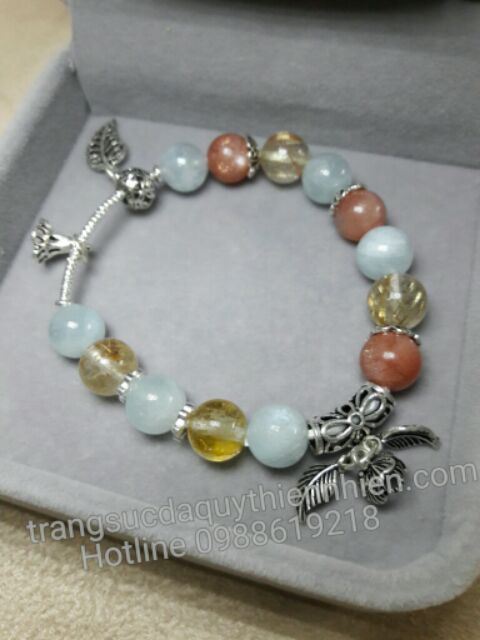 Chuỗi đeo tay đá Aquamarine, đá Xà cừ Moonstone hồng cam và Thạch anh tóc vàng thiên nhiên + Charm bạc cao cấp