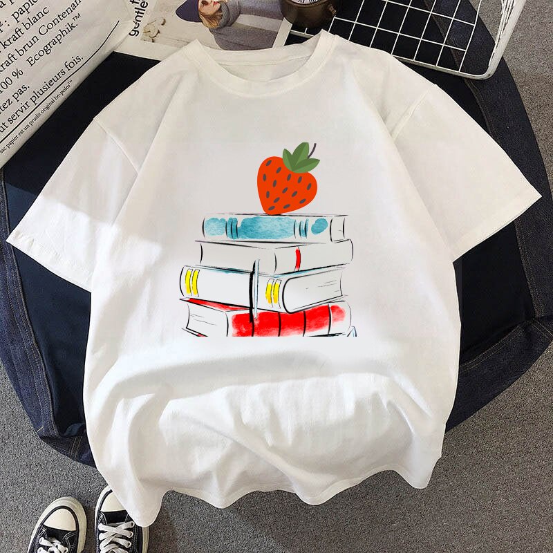 Women Vintage Style Fashion Stacked Books Print Funny Summer T Shirt Women Vogue Princess Short T Shirt