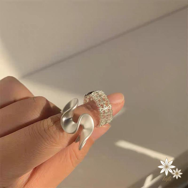 【kifli】Nhẫn Hở Kiểu Gợn Sóng Đính Đá Zircon Có Thể Điều Chỉnh kifli.acc} Cho Nữ Mờ / Matte