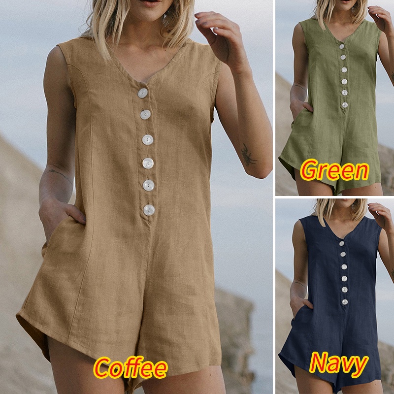 Áo liền quần ZANZEA từ vải lanh cotton ống rộng không tay thời trang tùy chọn màu sắc cho nữ