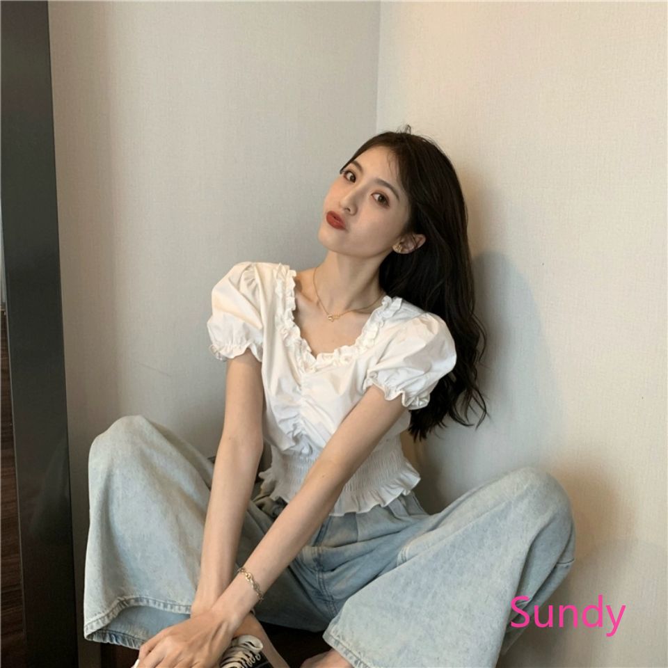 Áo Croptop Tay Phồng Cổ Chữ V Thời Trang Mùa Hè Cho Nữ