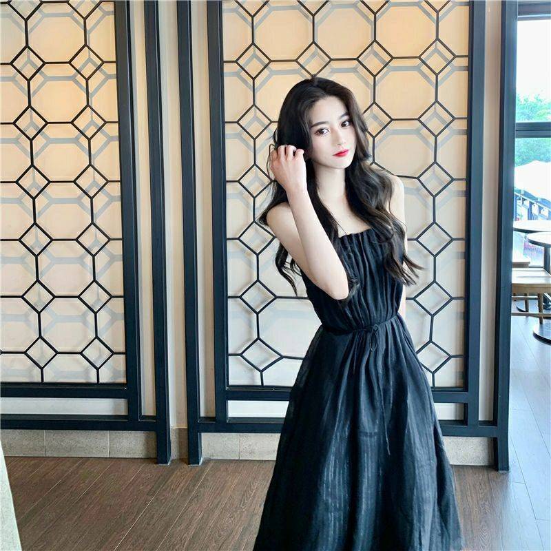 Đầm Maxi hai dây màu trắng phong cách retro thời trang mùa hè thiết kế mới quyến rũ