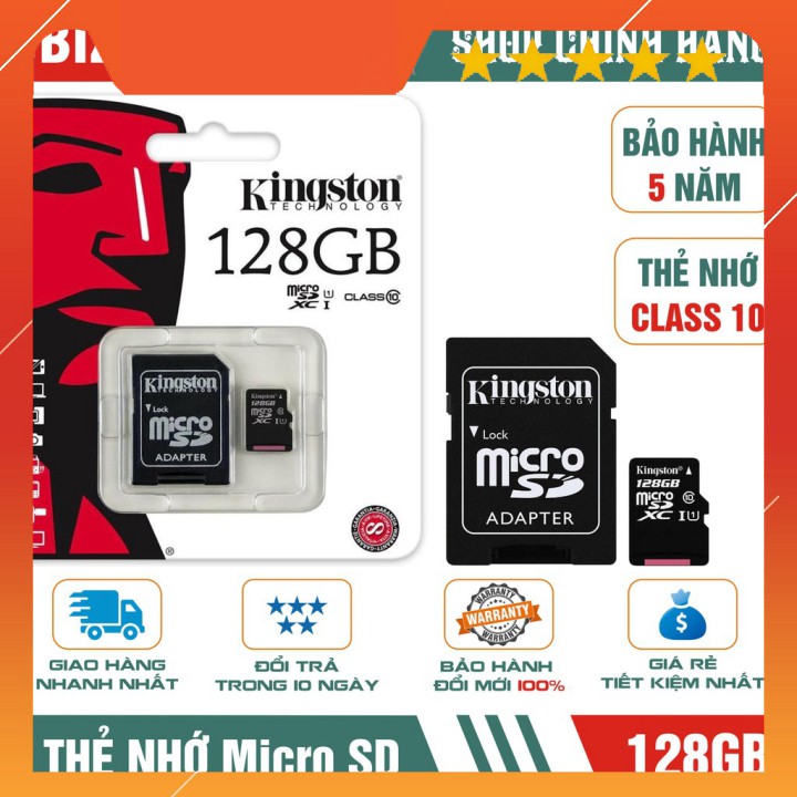 Thẻ Nhớ 128GB MicroSD Kingston Class 10 (Kèm Adapter) - Bảo hành 5 năm