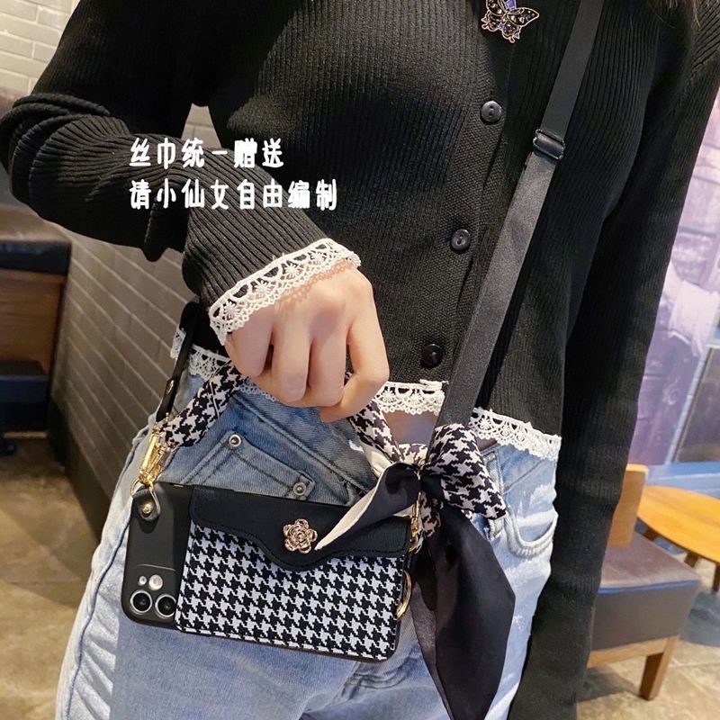 Ốp Điện Thoại Dạng Túi Xách Họa Tiết Houndstooth Có Dây Đeo Cho iPhone 13Promax 12 x