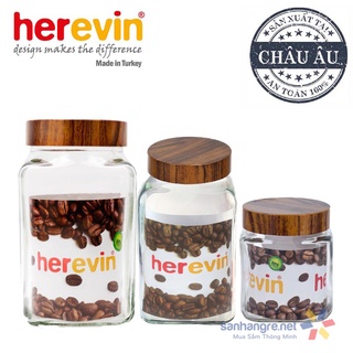 Hũ thủy tinh Herevin vuông trơn nắp Woody - Xuất xứ Thổ Nhĩ Kỳ