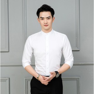 Áo sơ mi nam cổ tàu dài tay vineto smt01, sơ mi nam cổ tàu màu trắng
