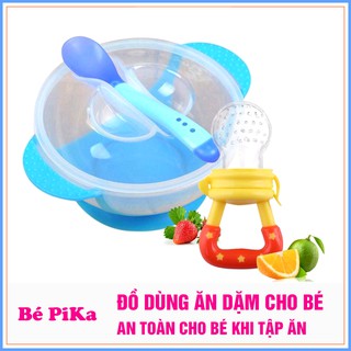 Set Túi nhai chống hóc và bát ăn dặm chống đổ kèm thìa báo nóng