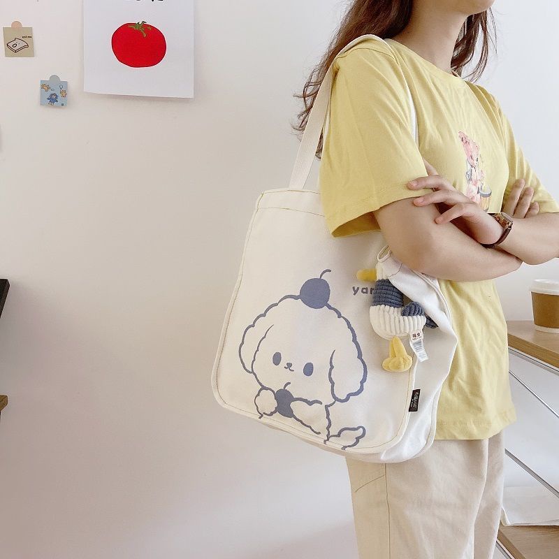 Túi Đeo Vai Bằng Vải Canvas Cỡ Lớn In Hình Vịt Hoạt Hình Phong Cách Nhật Hàn Cổ Điển Dành Cho Nữ Sinh
