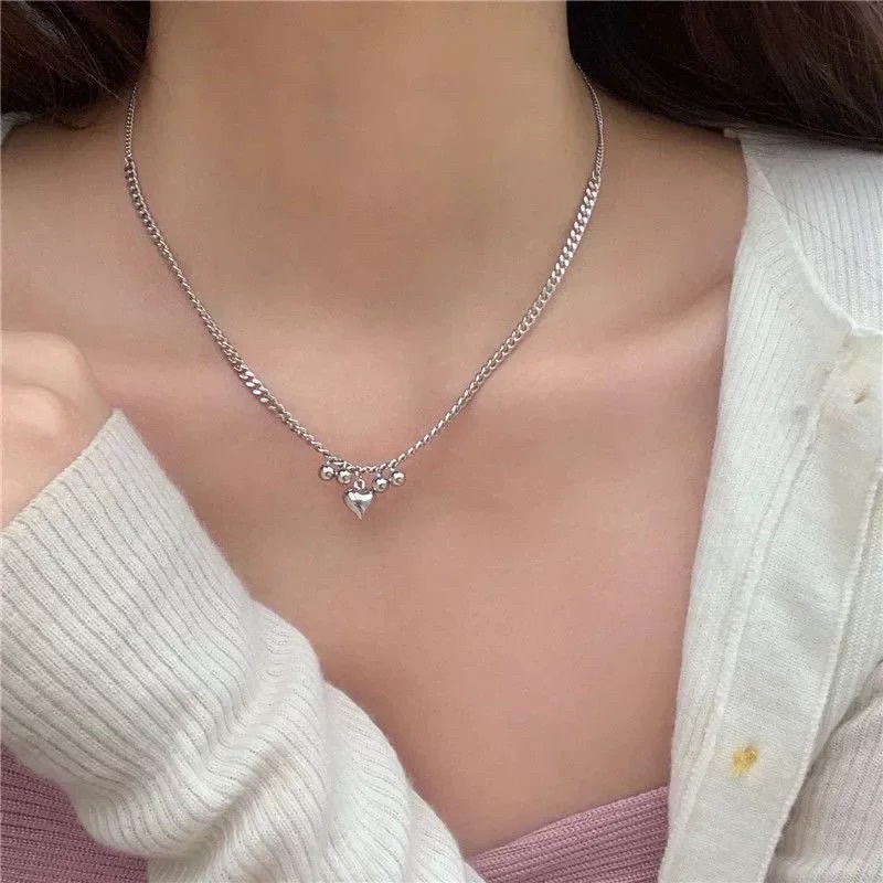 Dây chuyền nữ trái tim thép titan chuỗi mắt xích phong cách Harajuku Hàn Quốc không gỉ